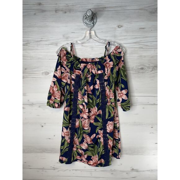 Blu Pepper Dress Womens Small Navy Floral Off Shoulder Ruffle Lined Boho Mini - Picture 1 of 12